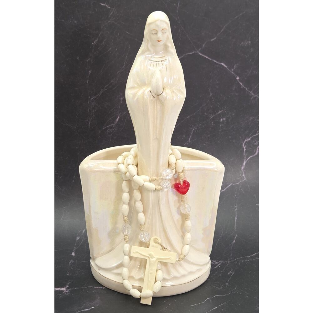 Mother Mary Praying Iridescent Art Deco Style Planter w/ Vintage Plastic Rosary